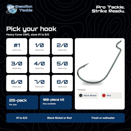 Reaction Tackle Heavy Cover Black Nickel Offset EWG Worm Hooks #2/0 25-Pack