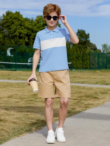 Boys Color Block Polo Shirt - Short Sleeve, Sky Blue, 13-14 Years