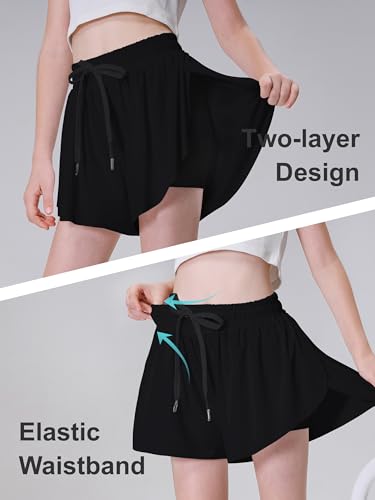Girls Butterfly Shorts with Pocket - 2-in-1 Flowy Skorts for 10-11Y Black