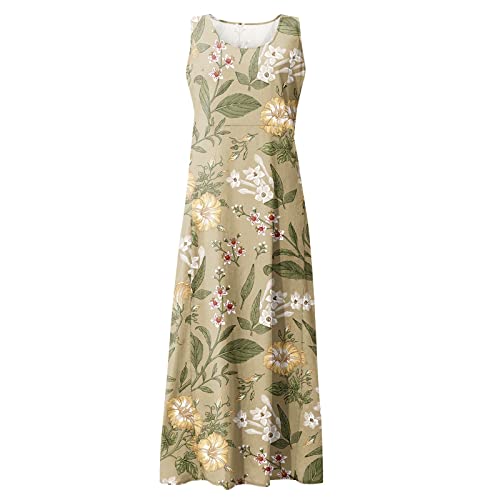Floral Printed Sleeveless Dress for Women - Casual Long with Pockets, XX-Large Green