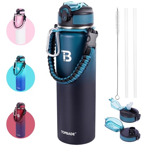 32oz Insulated Water Bottle with Straw & Spout Lids - Blue Black - Double Wall Stainless Steel for Gym Outdoor