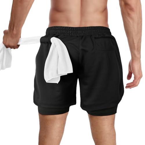 Men's 2 in 1 Running Shorts - Quick Dry Athletic Shorts with Zip Pockets & Towel Loop - Black, Medium
