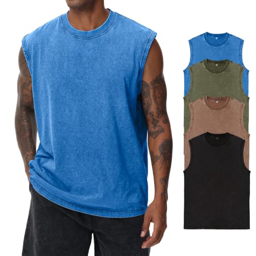 Men's Cotton Sleeveless Tank Top - Muscle Gym Workout T-Shirt, Beach & Running, XL Army Green/Blue/Coffee/Black