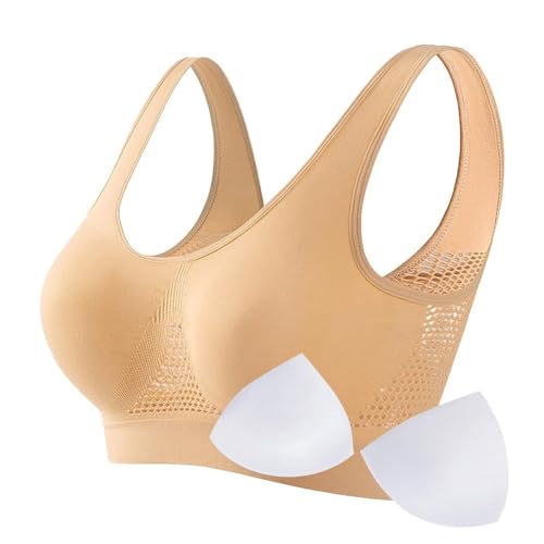 Wireless Sports Bra for Women - Comfy Mesh Liftup Underwear - Beige, X-Large