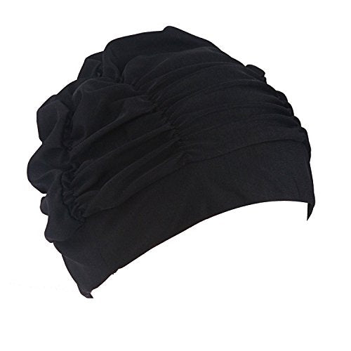 Colorful Pleated Nylon Swim Cap for Long Hair - Black