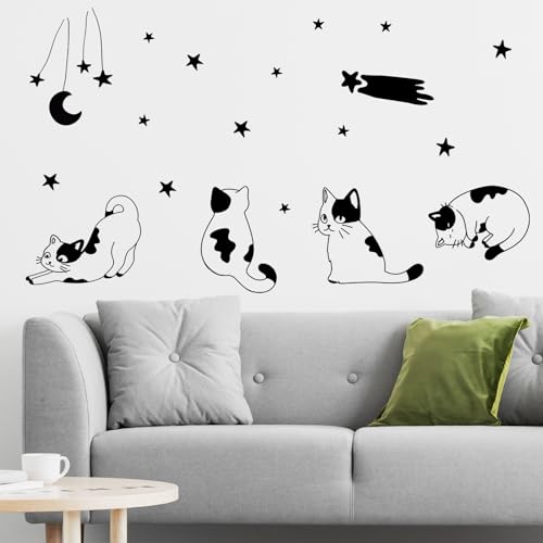 Cartoon Minimalist Cats Stars Wall Stickers for Living Room Nursery Animal Wall Decals Removable Peel and Stick Wall Art Home Decor Decoration for Preschool Bedroom Bathroom Classroom Library