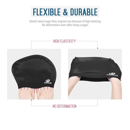 Silicone Swim Cap for Long Hair - Ergonomic Design with Ear Plugs & Nose Clip - Black, Medium