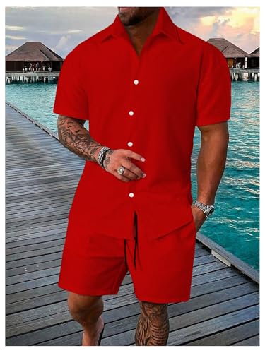 VIPWOLF Men's 2-Piece Linen Summer Beach Set - XX-Large, Red