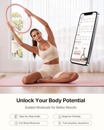 Pilates Ring Set - 14" Magic Circle, 9.8" Ball, 5 Resistance Bands - Pink