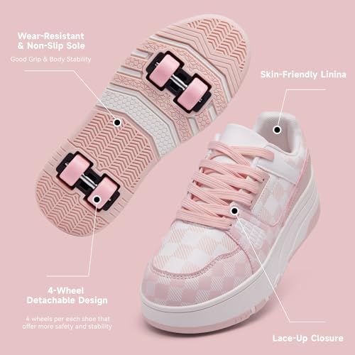 Kids Pink & White Detachable 2-Wheel Roller Skate Shoes - ANEFUN, Beginner Friendly, Girls & Boys, Size 1
