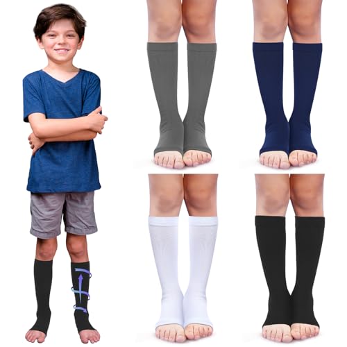 Shinymoon 4 Pairs Kids Open Toe Compression Socks 15-20 mmHg Multicolor