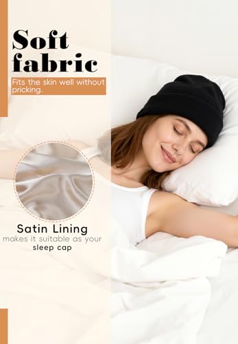 Satin Lined Beanie for Women - Frizz-Free Knit Winter Hat - Black
