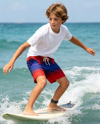 Boys Swim Trunks with 4-Way Stretch - Neon Red, Size 13-14 Years