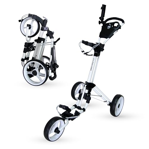 Lightweight 3-Wheel Golf Push Cart - Aluminum Frame, Umbrella Holder, White