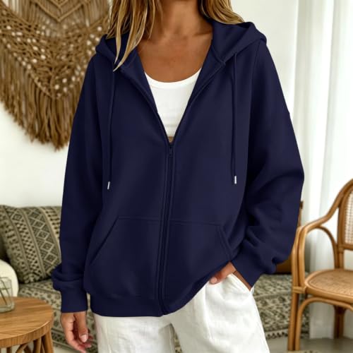 Women's Oversized Zip-Up Hoodie - Large Navy, Cozy Fleece Jacket