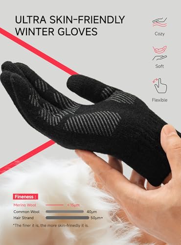 Merino Wool Winter Gloves - Touch Screen, Non-Slip, Medium Black