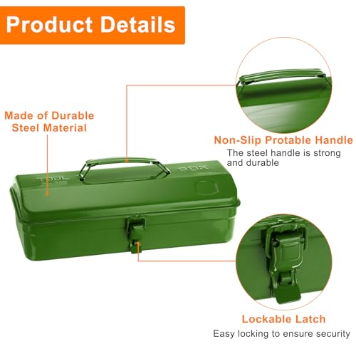 HARFINGTON Tool Box 14.2" Portable Steel Tool Box Hip Roof Style with Metal Latch Closure Tool Chest for Household Workshop Car, Green