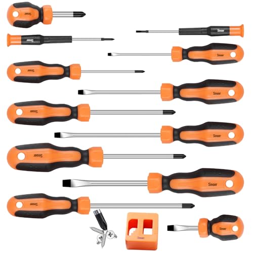 13-Pieces Magnetic Screwdrivers Set, 6 Phillips and 6 Flat Head Tips,Chrome Vanadium Steel,Screwdriver Set With Magnetizer demagnetizer tool
