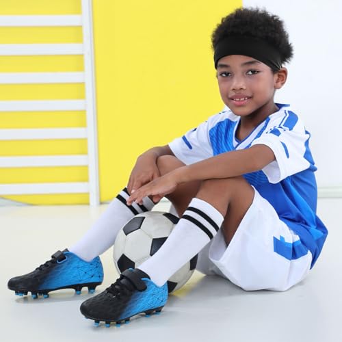 Kids Soccer Cleats Firm Ground Boys Girls Athletic Outdoor Football Shoes - 13 Little Kid, Black Blue