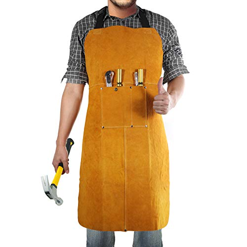 Leather Welding Apron, Flame & Spark Resistant Bib, Safety Smock, Protective Clothing Gear for Blacksmiths, Welders & Woodworkers, 23x35 inches