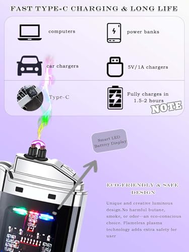 FliuSuax Black Rechargeable USB-C Plasma Arc Lighter Windproof Flameless