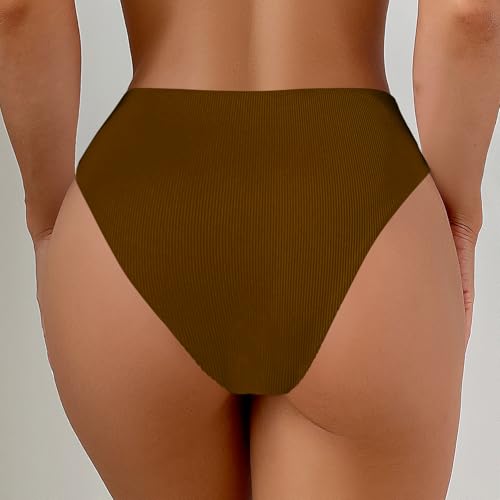 High Waisted Ribbed Cheeky Bikini Bottom - X-Large Brown