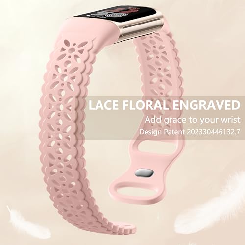 Maledan Stylish Lace Floral Fitbit Charge 5/6 Sport Bands for Women, Adjustable, Waterproof, Black/Starlight/Pink, 5.5-8.2 inch Wrist