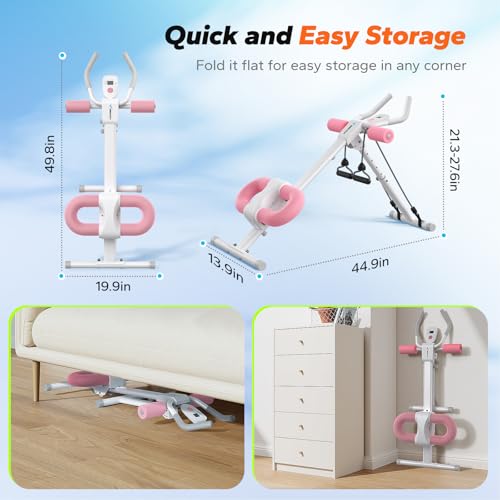 Adjustable Ab Trainer Machine - Foldable Abdominal Equipment - White & Pink
