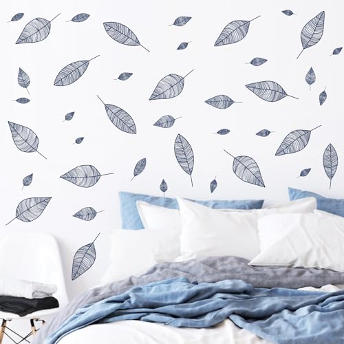 Stripy Leaf Wall Decals Modern Blue Leaf Wall Stickers Tree Leaves Wall Decals Peel and Stick Plant Botanical Leaves Stickers Removable Small Leaf Stickers for Bedroom Living Room Decor