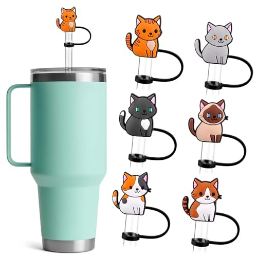 Cute Cat Silicone Straw Covers for 10mm Straws - 6 Piece Set