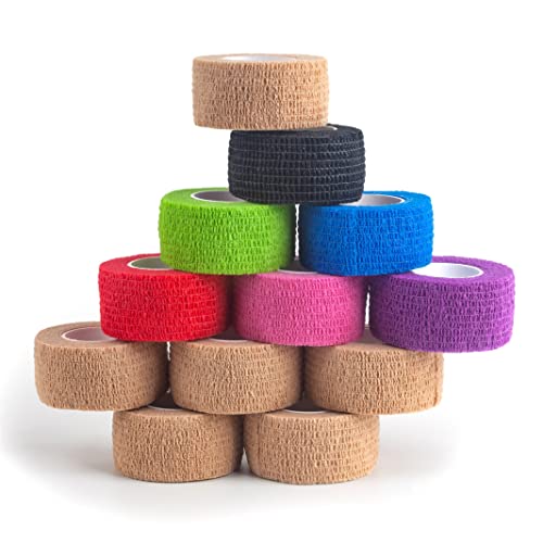 Self Adhesive Bandage Wrap - 12 Rolls 1" x 5 Yards, Mixed Colors