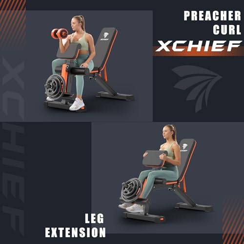 Adjustable Weight Bench - 1000LBS Capacity, Foldable Heavy Duty with Preacher Pad & Leg Extension - Orange Black