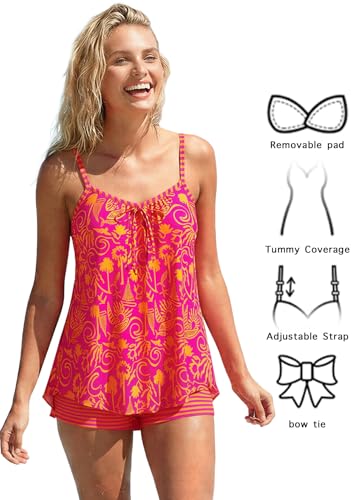 MODLILY Women's X-Large Pink Graffiti Print Curved Hem Tankini Swimsuit