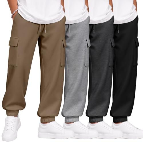 4 Pack Boys Cargo Jogger Pants Youth Sweatpants - YooAurvox, Light Gray/Khaki/Dark Gray/Black, X-Large