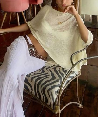 Seyurigaoka Creamy White Sheer Poncho Top with Off-Shoulder Mesh Cover Up - One Size