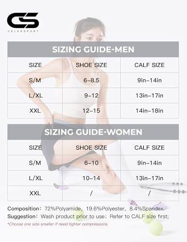 CS CELERSPORT Compression Socks Women & Men 20-30mmHg Large-X-Large Black White Grey