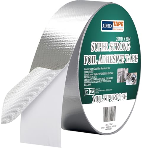 ADHES Professional Glass Fiber Aluminum Foil Tape, 0.78 Inch x 55 Yards(164ft) Heat Proof Tape Withstand 80¡ÆC to 100¡ÆC, Reinforced Foil Duct Tape, for HVAC, Metal Repair Sealing and Insulation