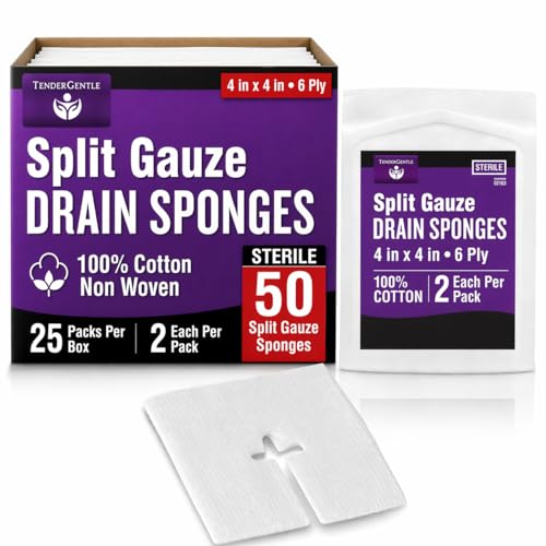 TenderGentle 50 Pack 4x4 Sterile Split Gauze Sponges for Catheters IVs Tracheostomy G Tubes