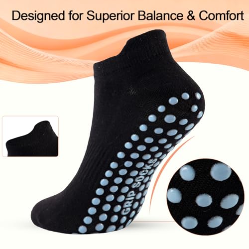 Pilates Socks with Grips - 5 Pairs Non-Slip Yoga Crew Socks - Black