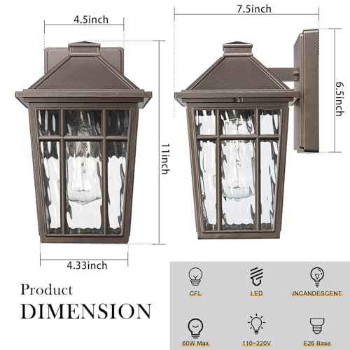 Darkaway Outdoor Sconce Lights Wall Light Fixtures, Exterior Porch Light Outdoor Sconce Anti-Rust Waterproof Aluminum Outside Light with Water Ripple Glass for Patio Yard Doorway Garage