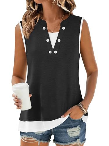 Summer Loose Fit V Neck Tank Top for Women - Medium, Pure Black
