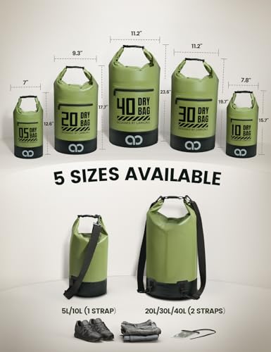 Waterproof Dry Bag Backpack with Phone Pouch - Olive Green 10L