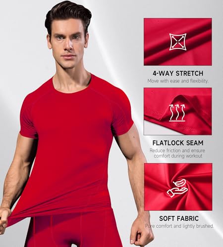 Men's Athletic Compression Shirt - Quick Dry Performance Top - Red, Large