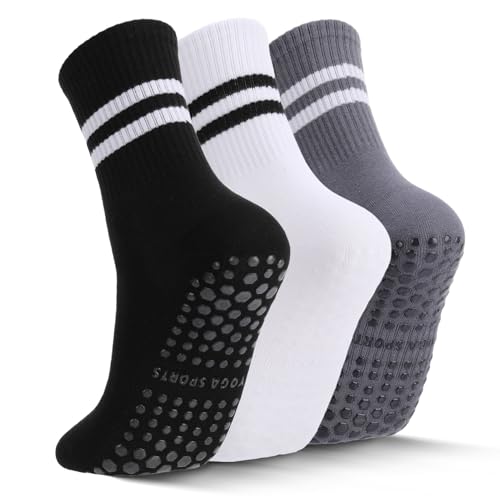 Striped Pilates Crew Socks with Grips for Women - 4 Pairs - Black White Gray