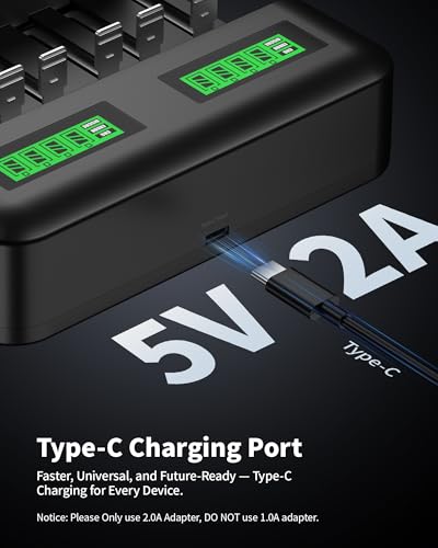 EBL 8 Bay LCD Rechargeable Battery Charger for AA AAA C D Ni-MH Batteries, Type-C Input
