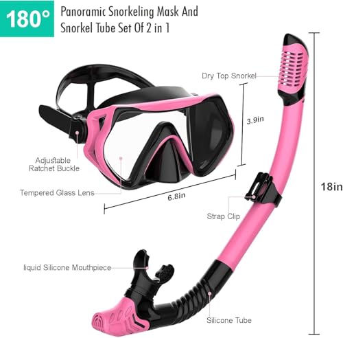 Snorkeling Gear Set for Adults - Anti Fog Goggles & Dry Snorkel - Black+Pink