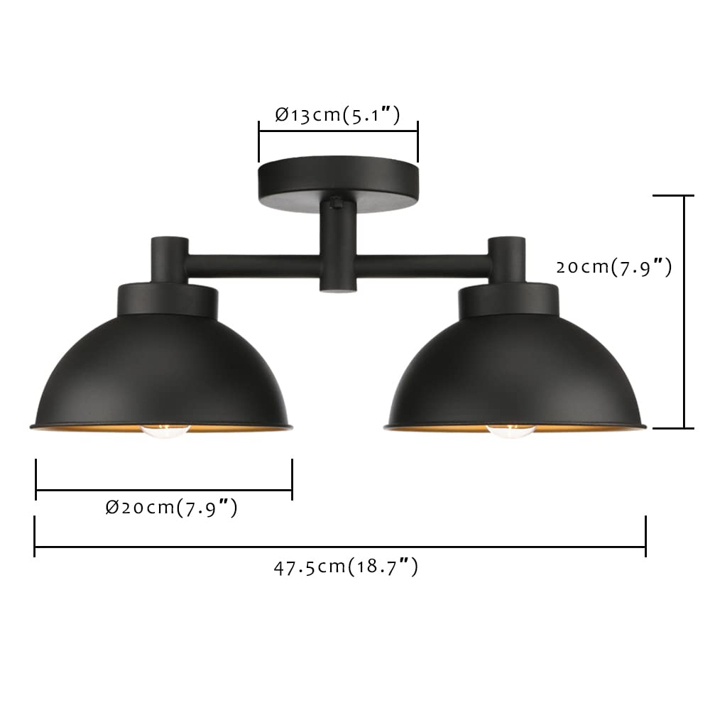Pathson 2 Lights Ceiling Light Fixtures, Semi-Flush Mounted Vintage Ceiling Lighting Lamp with Metal Shade for Living Room Hallway Loft Kitchen Bathroom Close to Ceiling