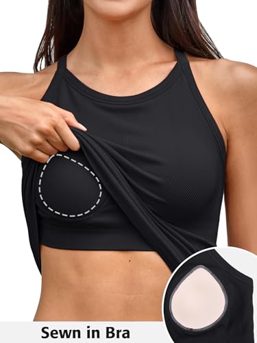 Ribbed Workout Tank Top with Built-in Bra - Medium, Black