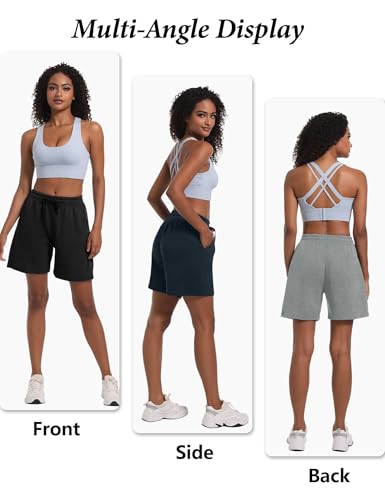 Dalavch Women's Summer Cotton Sweat Shorts with Pockets, 4 Pack, Large, Black, Blue & Grey Variants