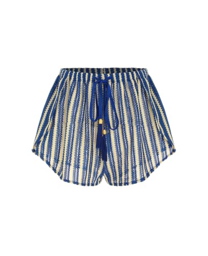 ZAFUL Women's Crochet Cover Up Shorts Medium Blue Striped High Waisted Beach Swim Bottom